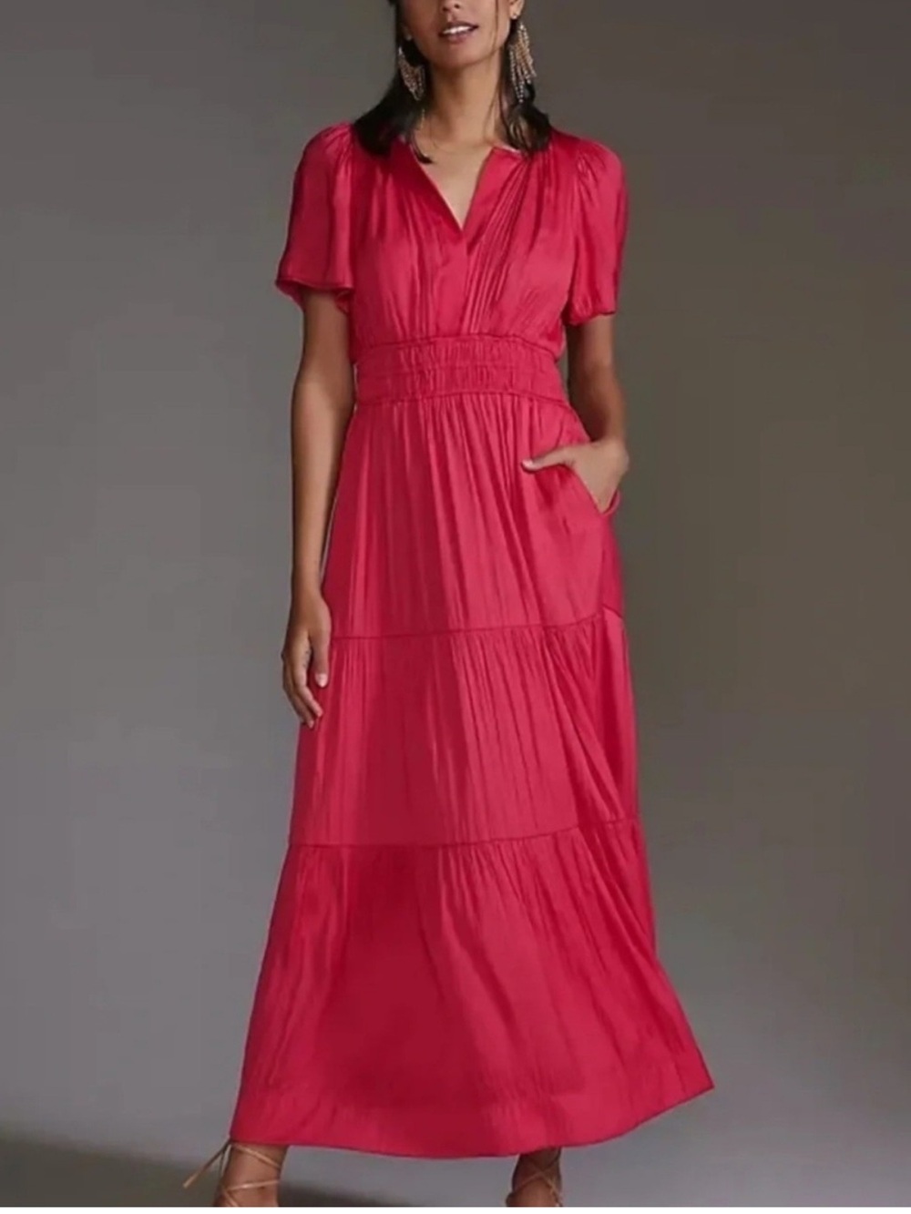 Monteau LA Bright Red Orange V-Neck Tiered Maxi Dress With Pockets Size Small